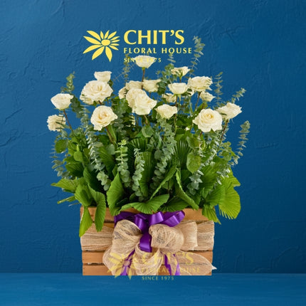Serene Remembrance – 24 White Rose Crate Arrangement