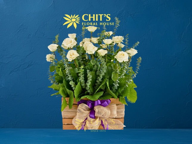 Serene Remembrance – 24 White Rose Crate Arrangement