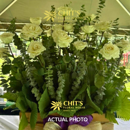 Serene Remembrance – 24 White Rose Crate Arrangement
