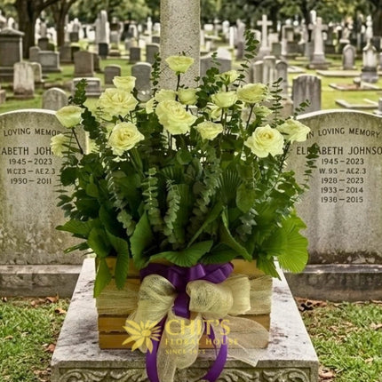Serene Remembrance – 24 White Rose Crate Arrangement