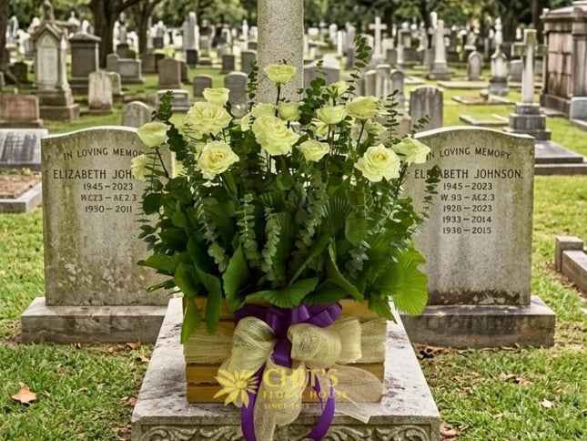 Serene Remembrance – 24 White Rose Crate Arrangement