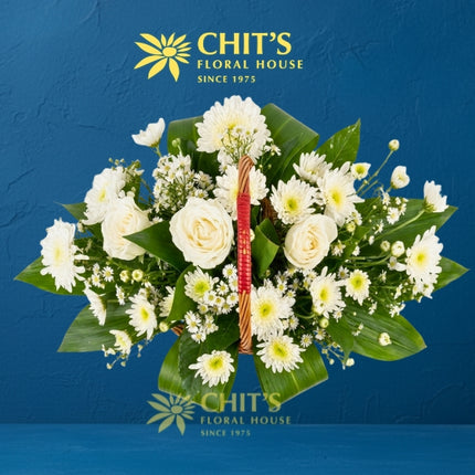 Silent Grace – 3 White Roses & Chrysanthemum Sympathy Basket