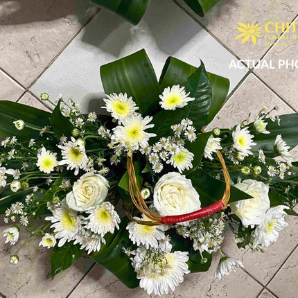 Silent Grace – 3 White Roses & Chrysanthemum Sympathy Basket