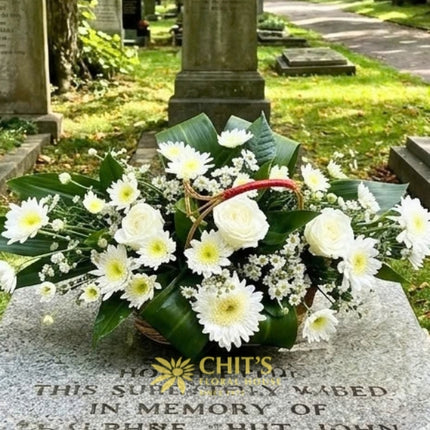 Silent Grace – 3 White Roses & Chrysanthemum Sympathy Basket