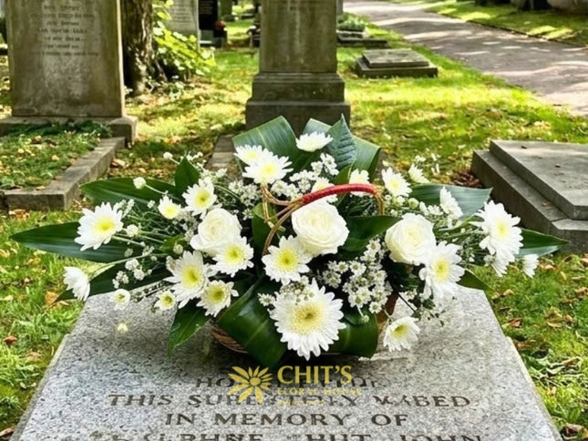 Silent Grace – 3 White Roses & Chrysanthemum Sympathy Basket
