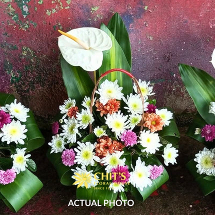 Pure Serenity medium Undas basket with white anthuriums and chrysanthemums