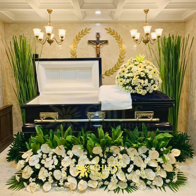 Alabaster casket flower arrangement with white mums lilies Philippines