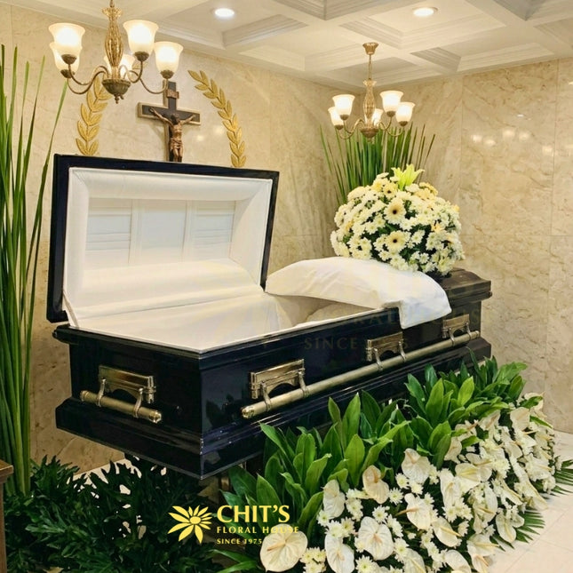 Alabaster casket flower arrangement with white mums lilies Philippines