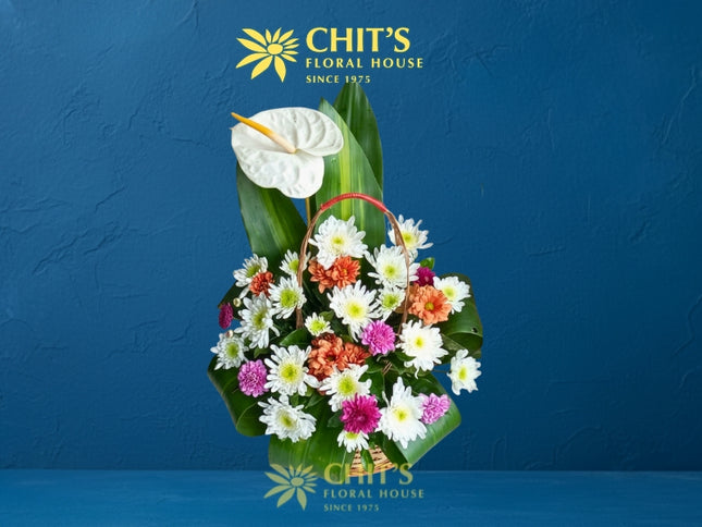 Garden Solace – One-Sided Anthurium & Chrysanthemum Sympathy Basket