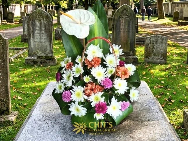 Garden Solace – One-Sided Anthurium & Chrysanthemum Sympathy Basket