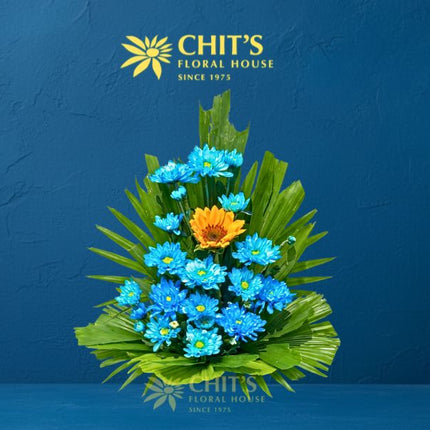 Blue mums and sunflower Undas flower basket for cemetery visits