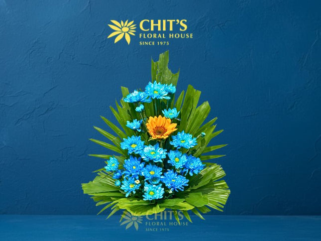 Blue mums and sunflower Undas flower basket for cemetery visits