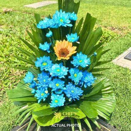 Blue mums and sunflower Undas flower basket for cemetery visits