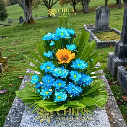 Blue mums and sunflower Undas flower basket for cemetery visits
