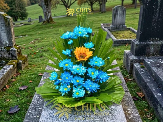 Blue mums and sunflower Undas flower basket for cemetery visits