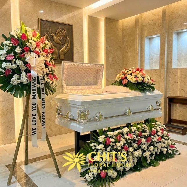 Blush Serenity casket flower set with white mums pink anthurium Philippines