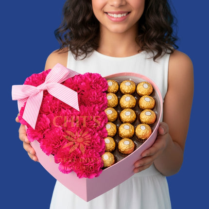 Carnation flower box with 13 Ferrero Rocher chocolates