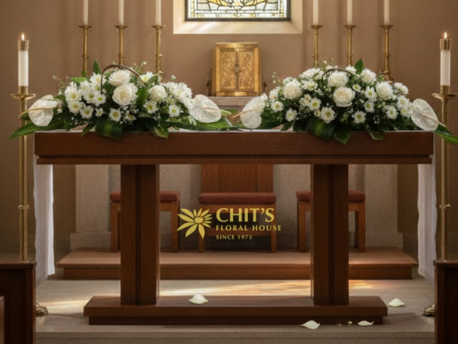 Long and low basket flower arrangement for church offertory table