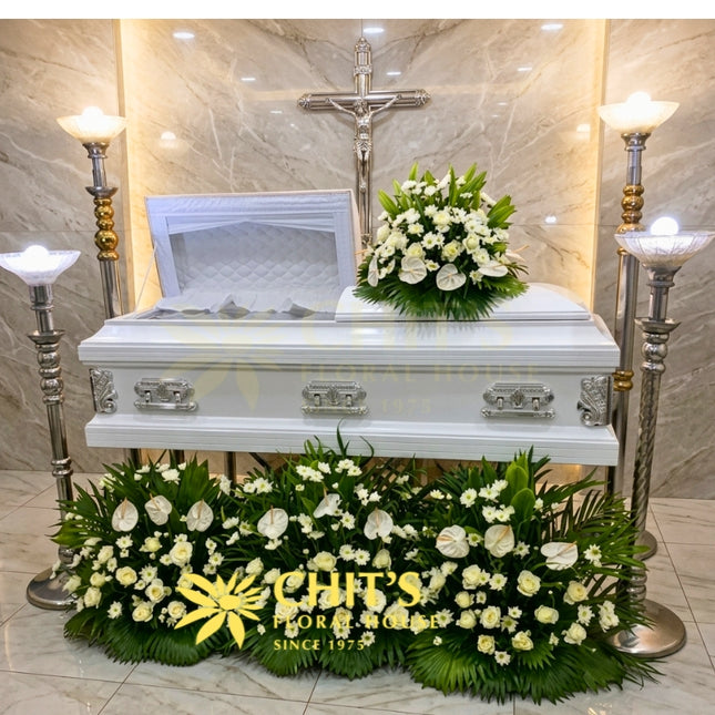 Classic white garden casket flower set with mums anthurium roses Philippines