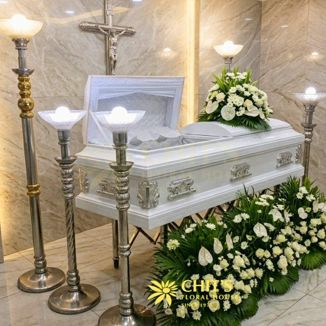 Classic white garden casket flower set with mums anthurium roses Philippines