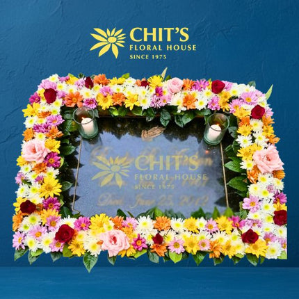 Colorful Mums & Red Rose Headstone Memorial Frame