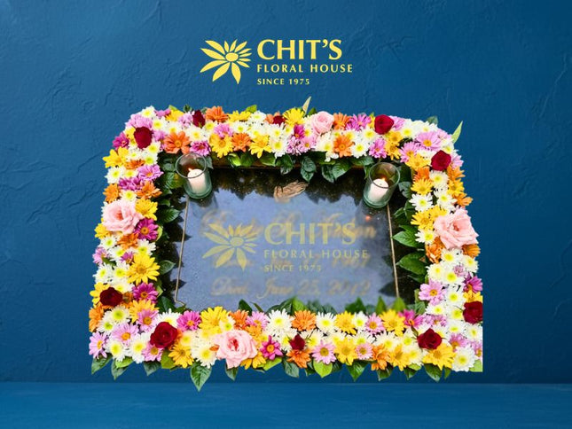 Colorful Mums & Red Rose Headstone Memorial Frame