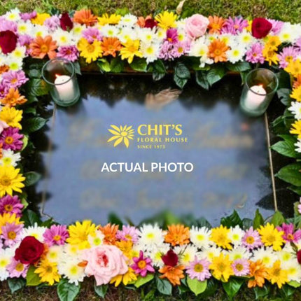 Colorful Mums & Red Rose Headstone Memorial Frame