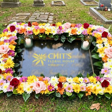 Colorful Mums & Red Rose Headstone Memorial Frame