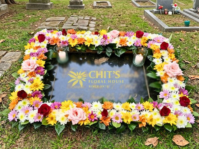 Colorful Mums & Red Rose Headstone Memorial Frame