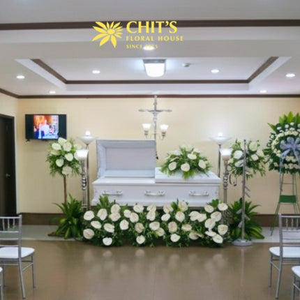 Complete funeral casket flower package with garden and side stands