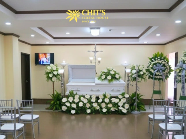 Complete funeral casket flower package with garden and side stands