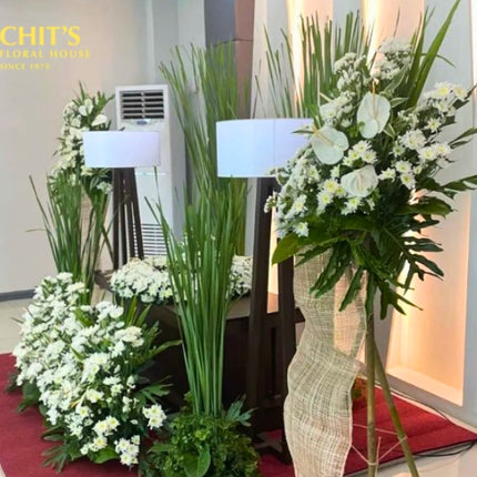 Complete Serenity urn floral package with standees and garden spray