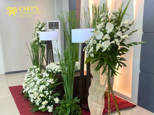 Complete Serenity urn floral package with standees and garden spray