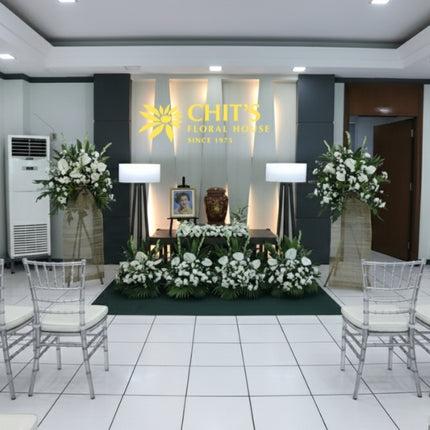 Complete urn funeral flower package with standing sprays and garden spray