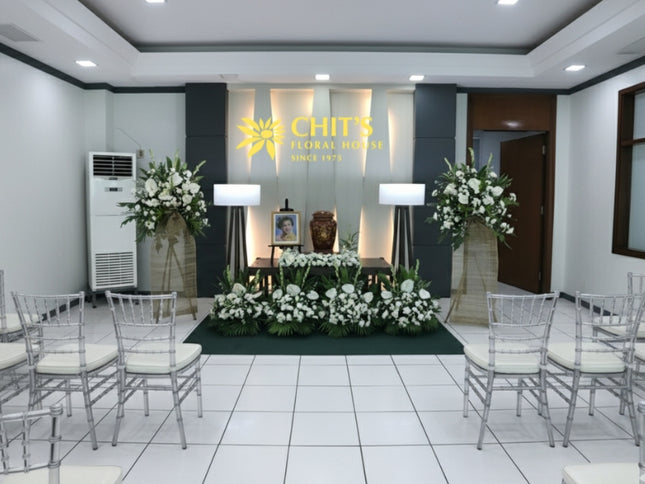 Complete urn funeral flower package with standing sprays and garden spray