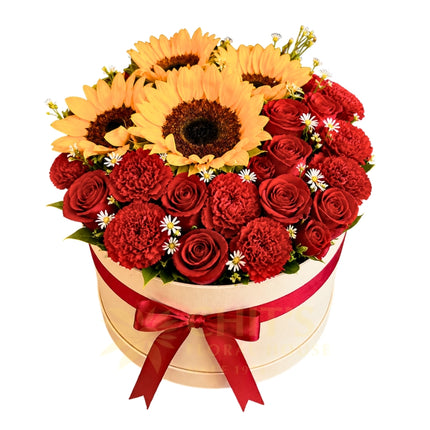 Crimson Sunshine Grandeur with sunflowers red roses carnations and baby’s breath