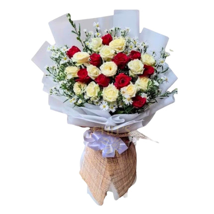 Cupid’s Quiver romantic red and white rose bouquet