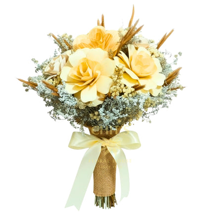 Dried bridal bouquet with wooden roses and accents
