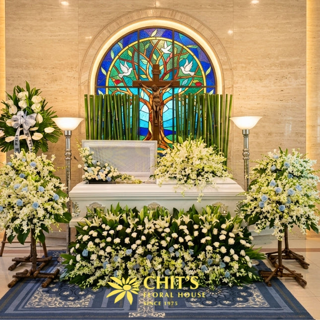 Eternal Bloom casket flower set with white mums carnations orchids Philippines