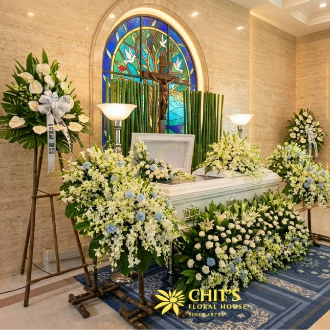 Eternal Bloom casket flower set with white mums carnations orchids Philippines