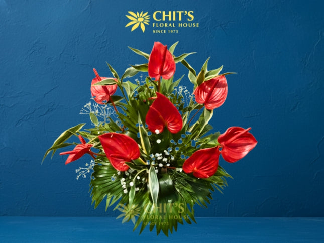 Eternal Love funeral flower basket with red anthuriums and baby’s breath