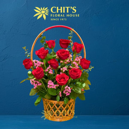 Eternal Love Undas flower basket with red roses and pink statice for cemetery visits