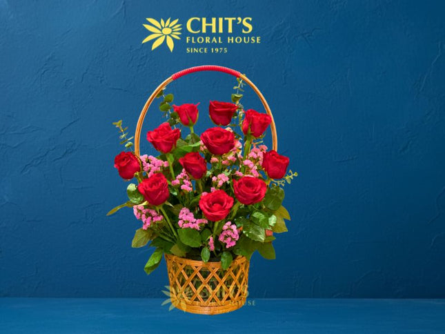 Eternal Love Undas flower basket with red roses and pink statice for cemetery visits