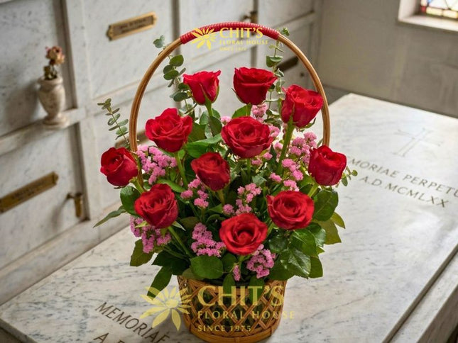 Eternal Love Undas flower basket with red roses and pink statice for cemetery visits