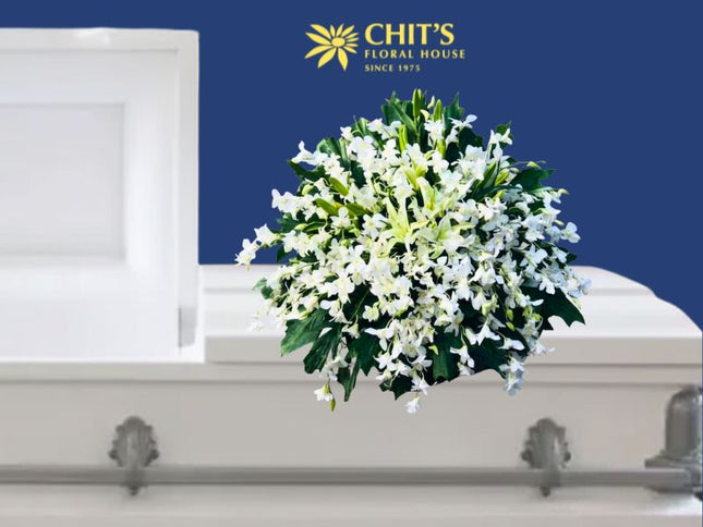 Everlasting Love Orchid Spray funeral casket arrangement with white orchids by Chits Floral House Philippines