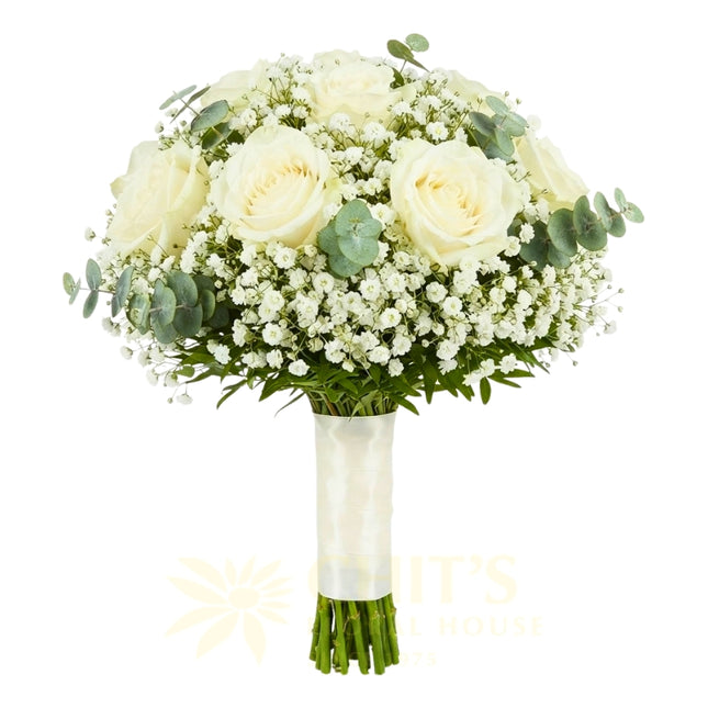 Hand-tied fresh rose wedding bouquet with imported floral accents