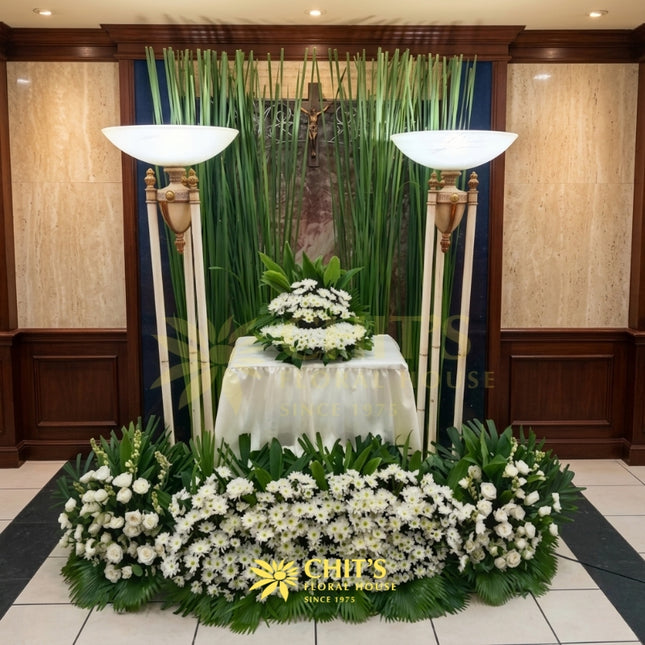 Funeral urn flower set with white mums roses asucena Philippines