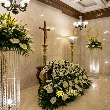 Funeral urn flower set with white mums anthurium orchids Philippines