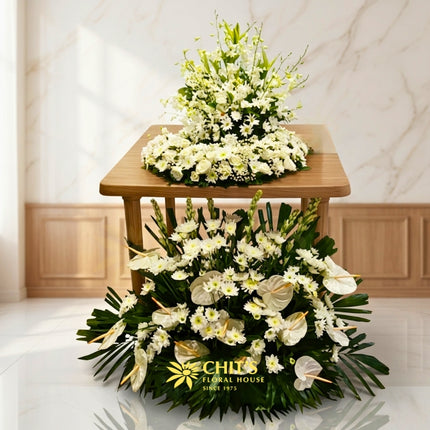 Funeral urn flower set with white orchids mums anthurium Philippines