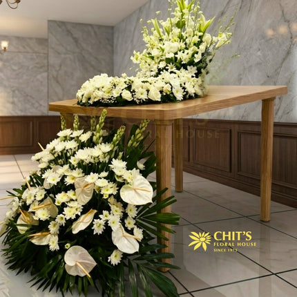 Funeral urn flower set with white orchids mums anthurium Philippines